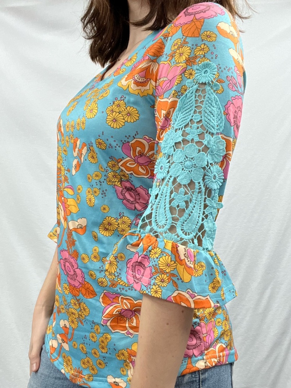 Turquoise Floral Crochet-Sleeve Women’s Blouse